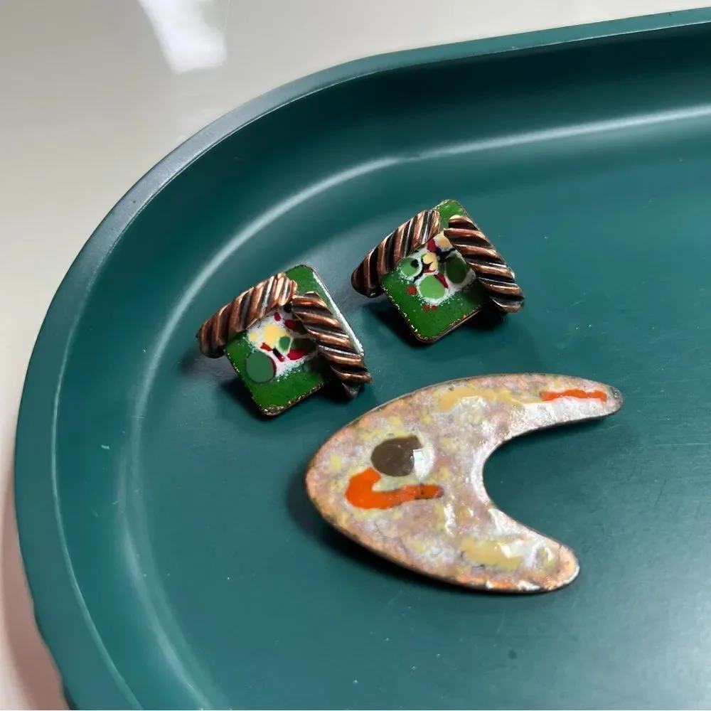 Artsy Vintage MCM 50s 60s 3 Pc Copper Enamel Clip Earrings Atomic Brooch Pin Lot